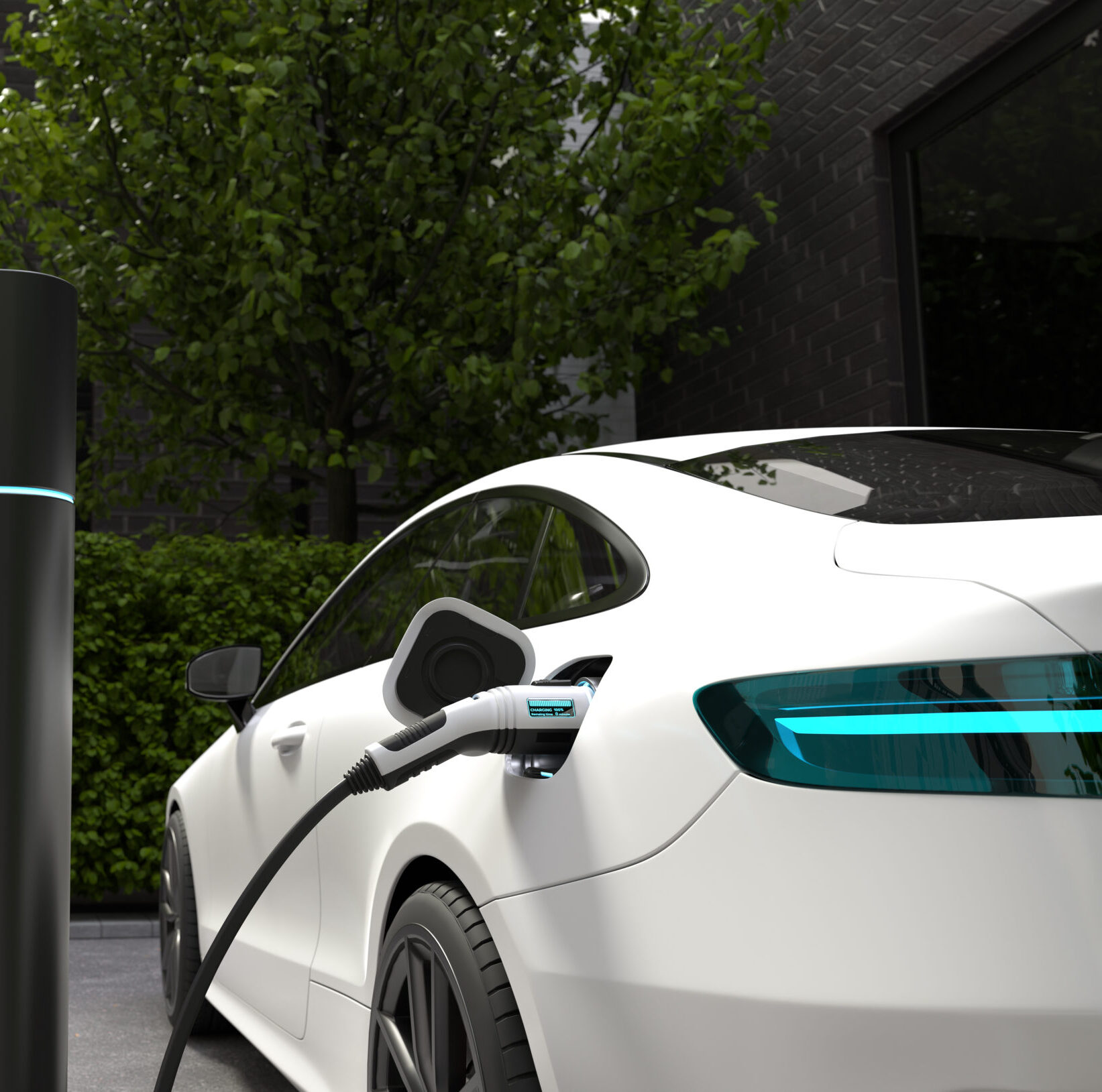 Electric car charging at home, Clean energy filling technology. 3D illustration